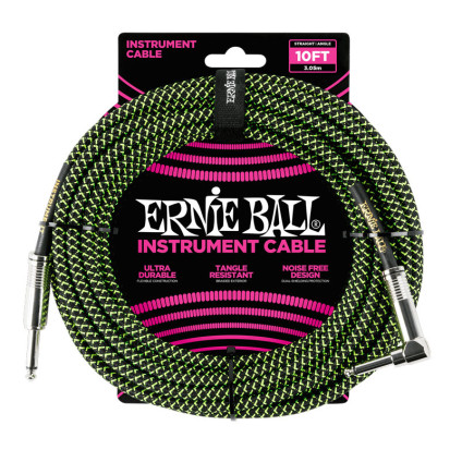 قیمت خرید فروش کابل گیتار TS to TS Ernie Ball 6077 Braided Straight Angle 3.05m Black Green