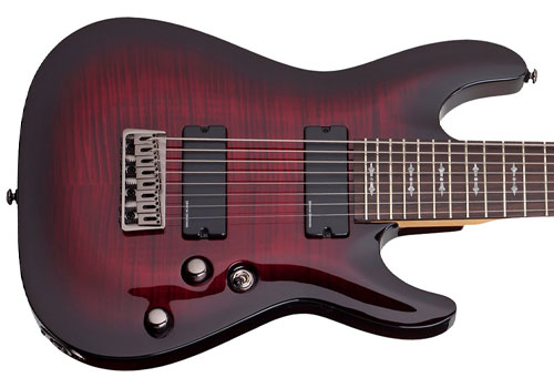 schecter-demon-8-crimson-red-burst گیتار الکتریک هشت سیم شکتر Schecter Demon 8 Crimson Red Burst
